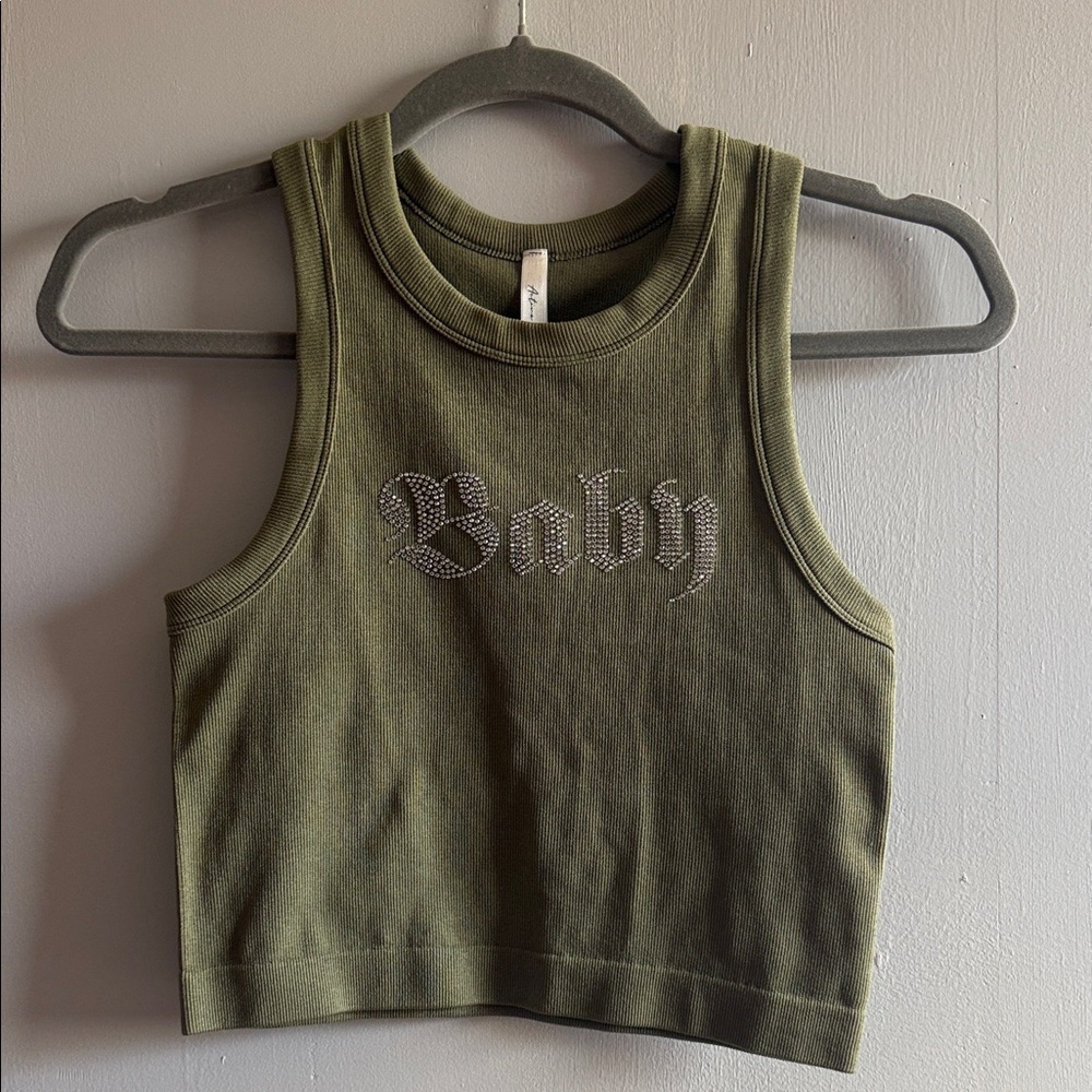 Olive Green 'Baby' Rhinestone Tank Top